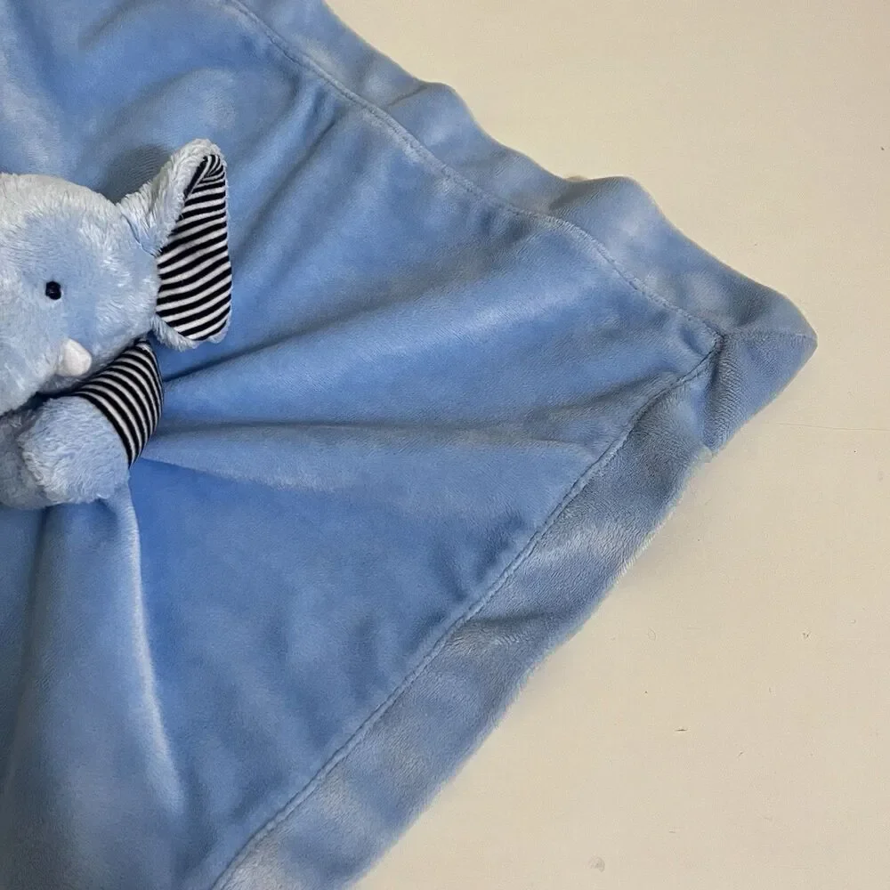 Carter's Blue Elephant Security Blanket Lovey Lovie Rattle Striped Satin Back